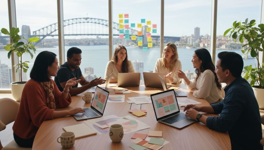 Team designing landing page with Sydney skyline
