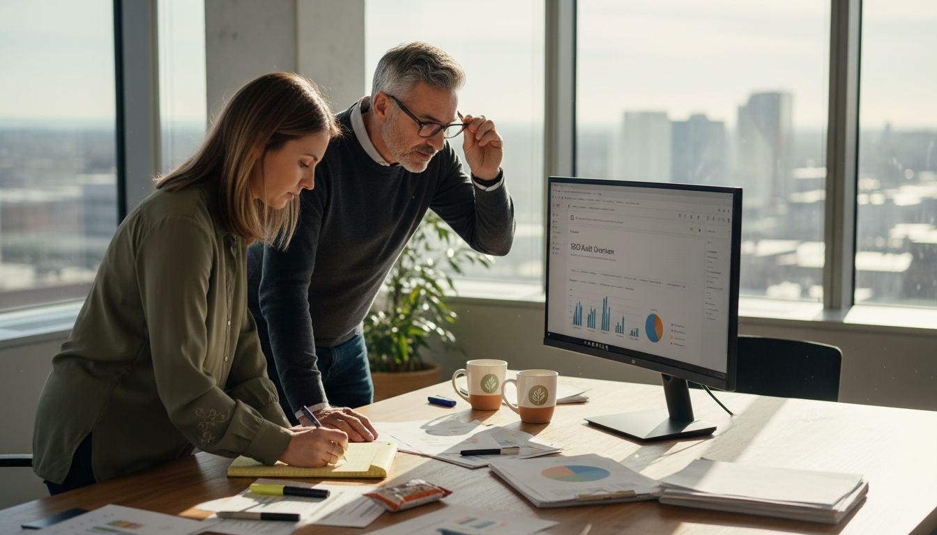 Colleagues reviewing SEO audit in busy corner office