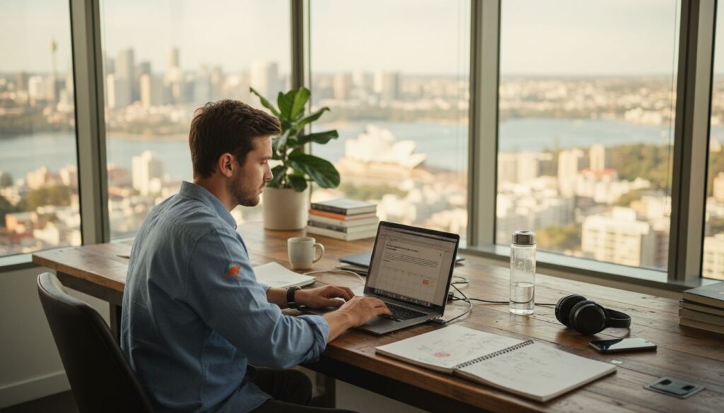 Sydney blogger working at desk with city view