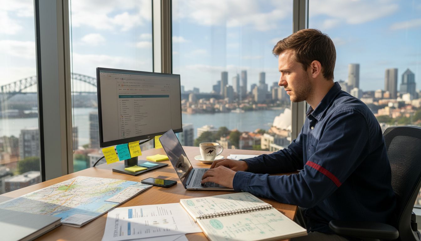 SEO specialist at desk with Sydney skyline view