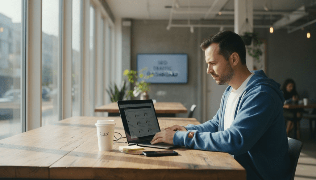 Man posting to social media in bright coworking space