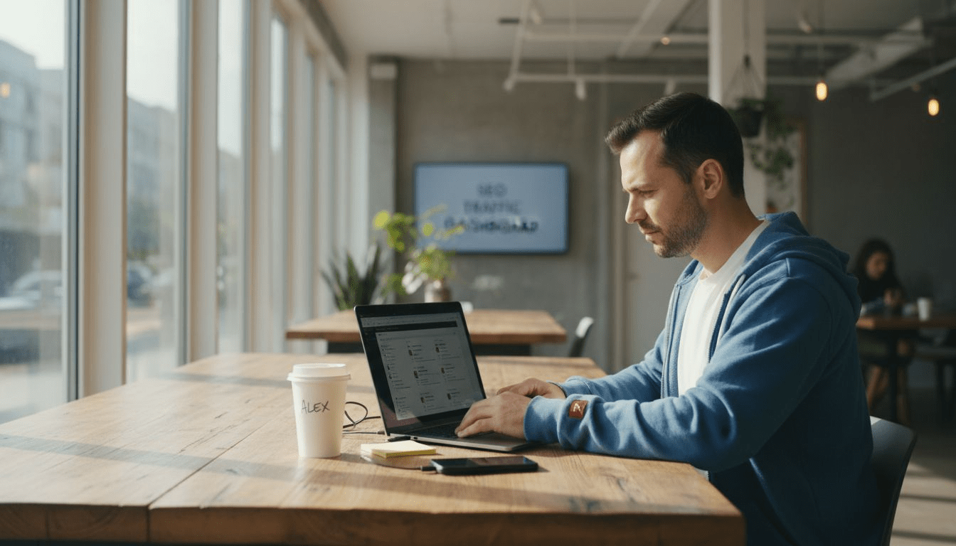 Man posting to social media in bright coworking space