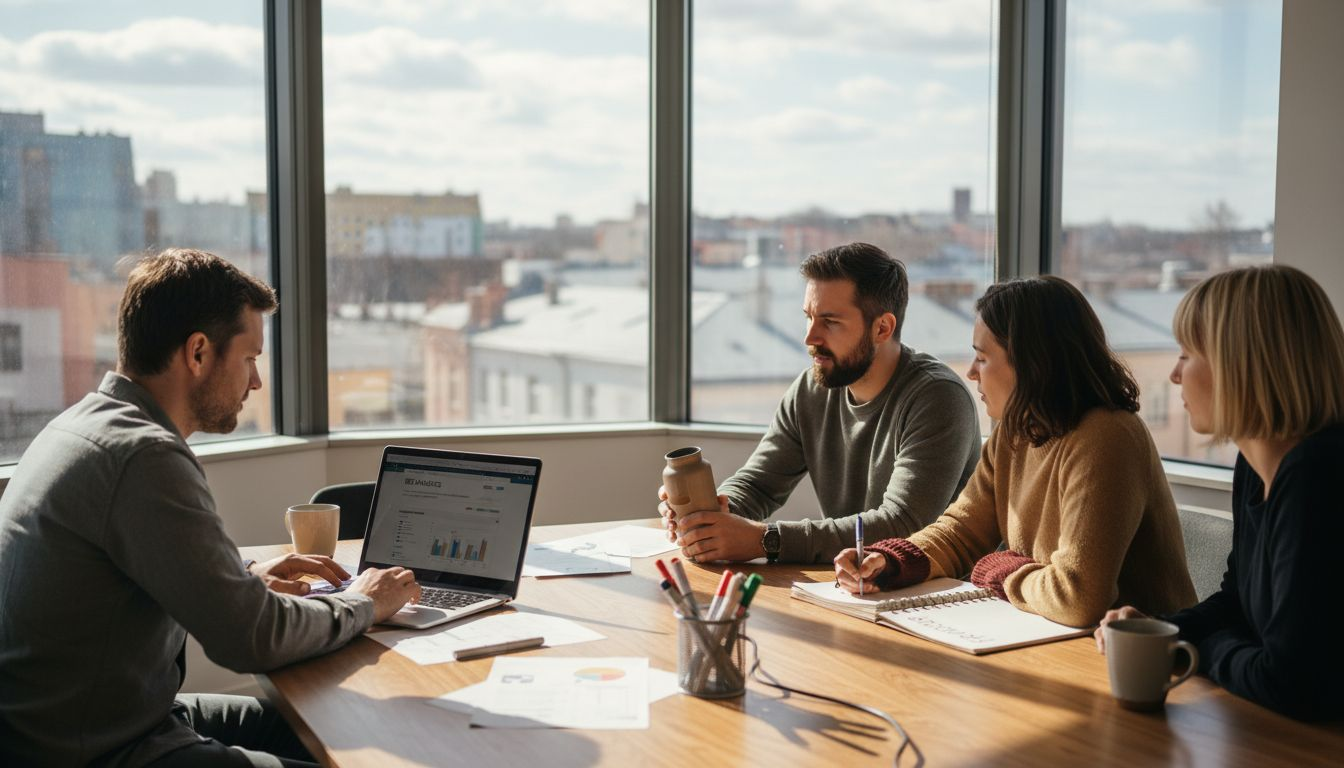 Marketing team discusses SEO strategy in office