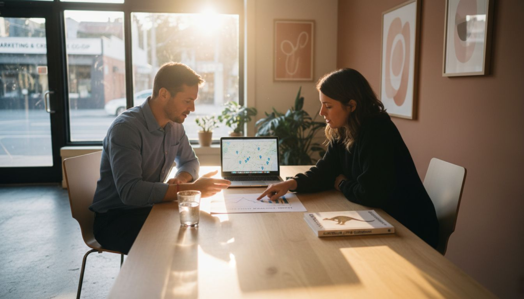 Two professionals discuss Sydney local SEO strategy