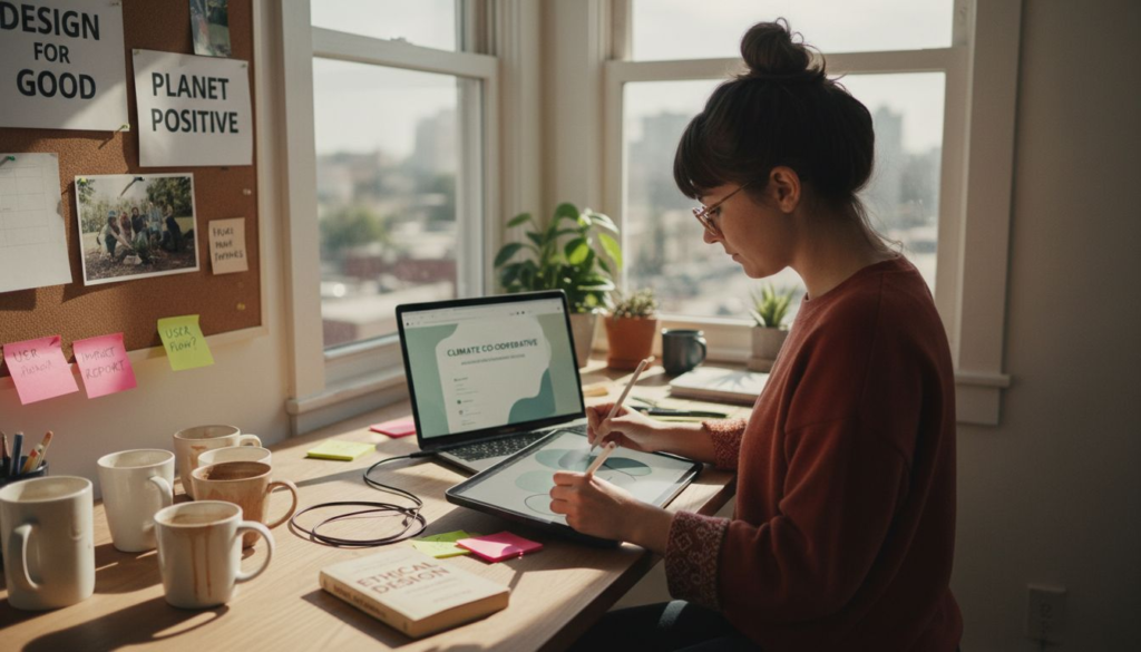 Young designer working at sunlit desk