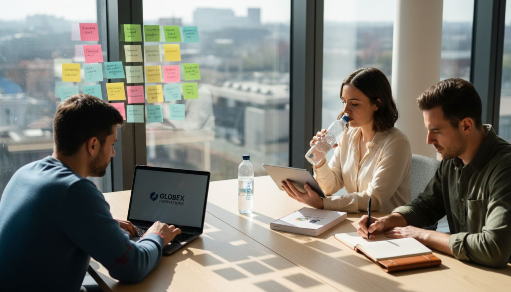 Team discussing digital brand strategy in bright office