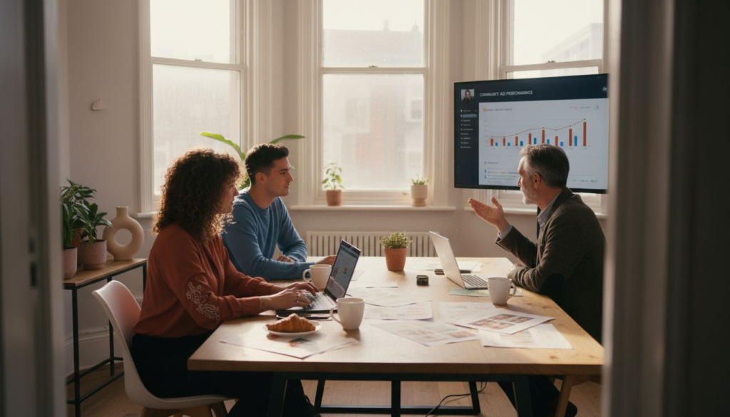 Marketing team reviews Google Ads campaign results