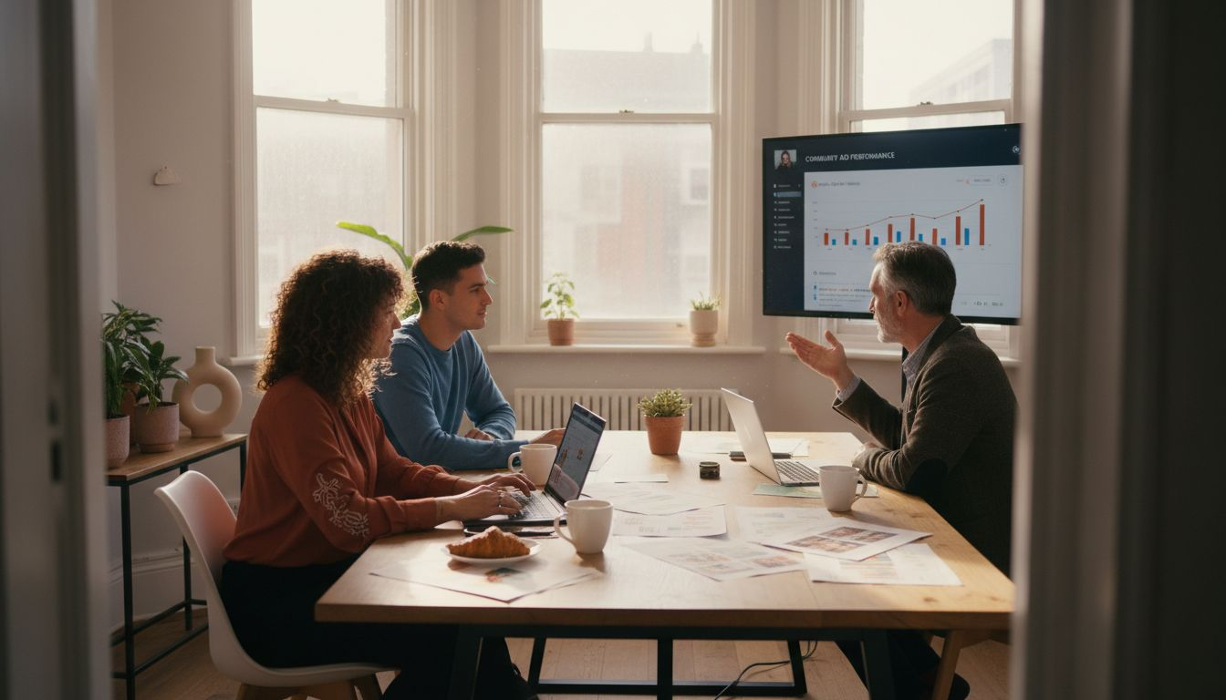 Marketing team reviews Google Ads campaign results