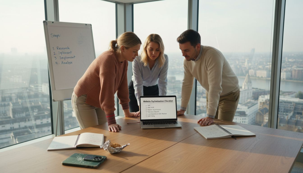 Team discussing website optimisation in office meeting room