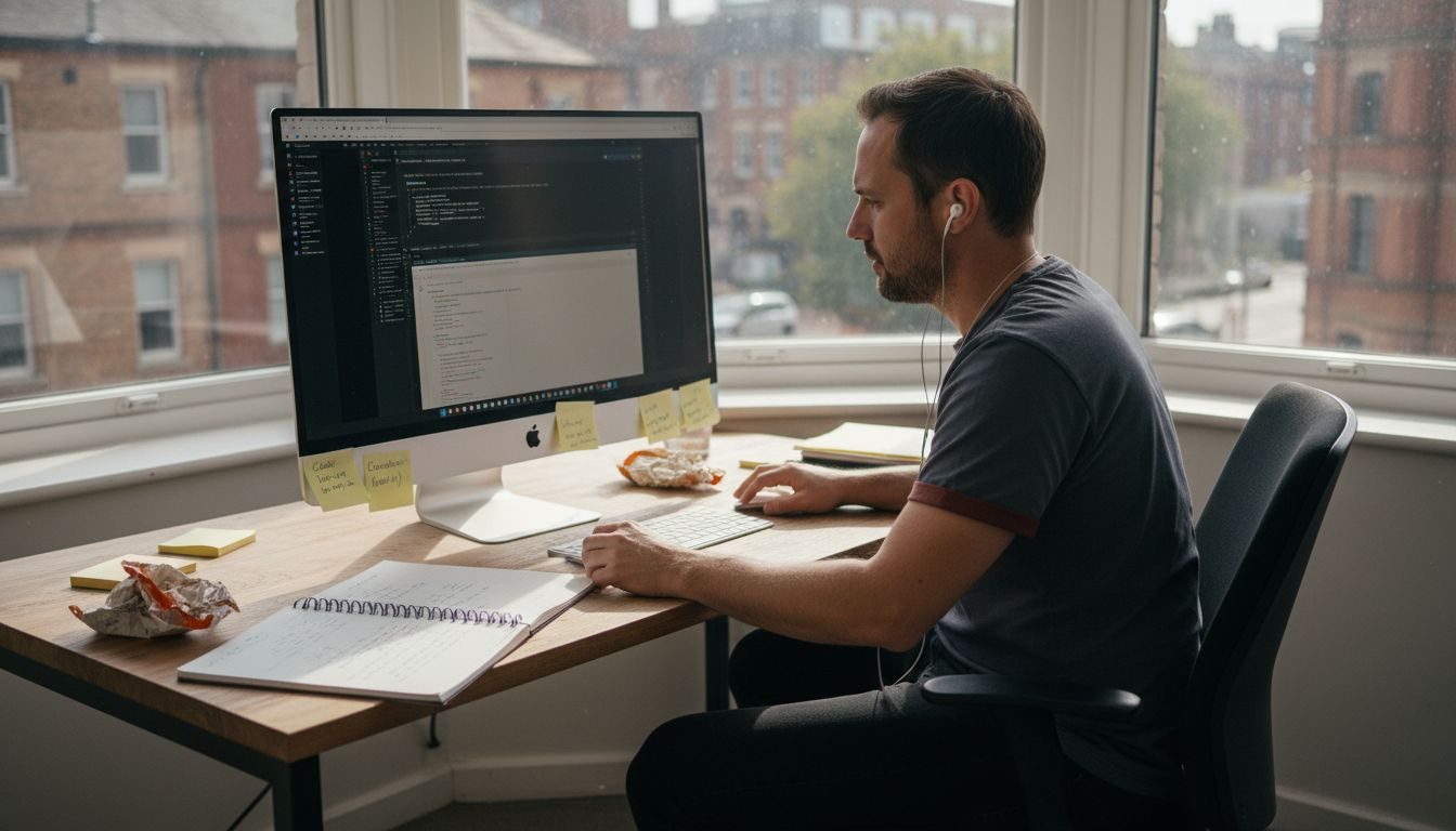Web developer creating website in corner office