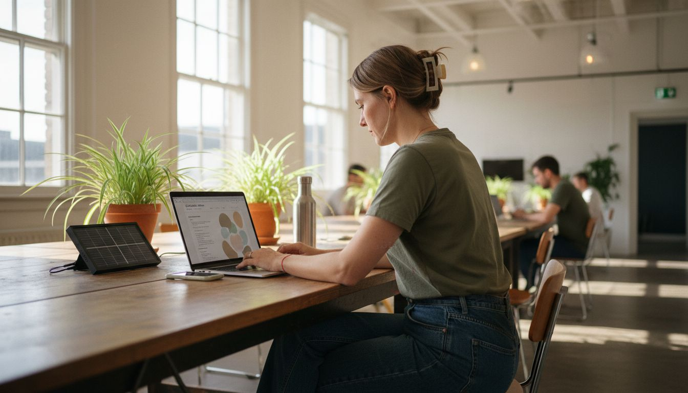 Web designer coding sustainable site in sunlit office