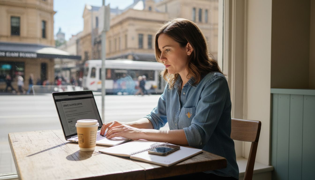 Local business owner updating SEO checklist in café