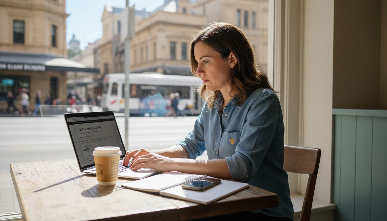 Local business owner updating SEO checklist in café