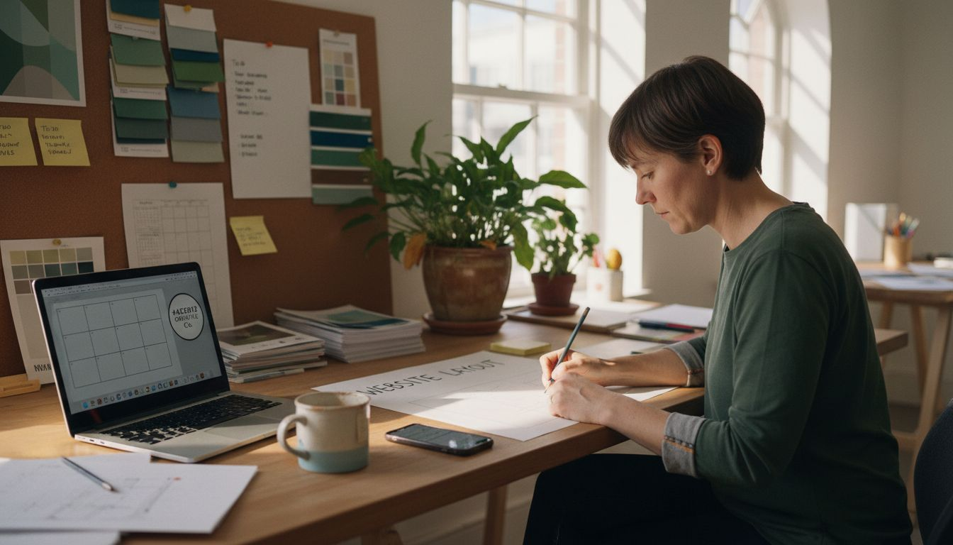 Small business owner sketching website at desk
