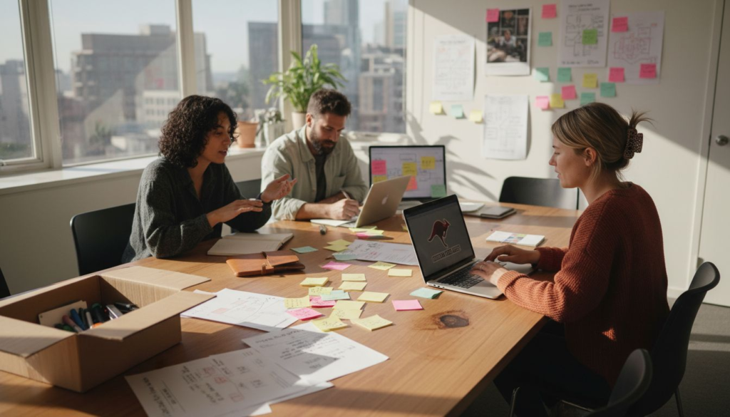 Australian ad team at conference table with campaign briefs