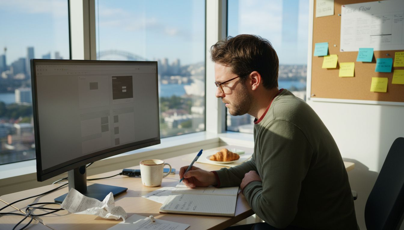 Web designer workspace with Sydney skyline