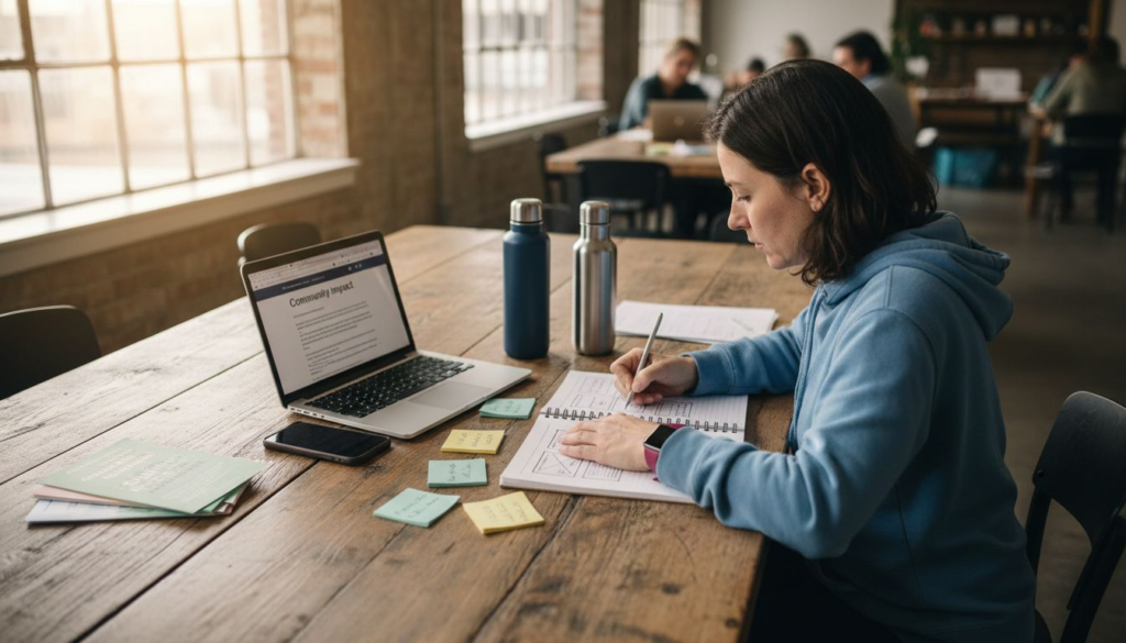 Designer sketches community website layout at shared table