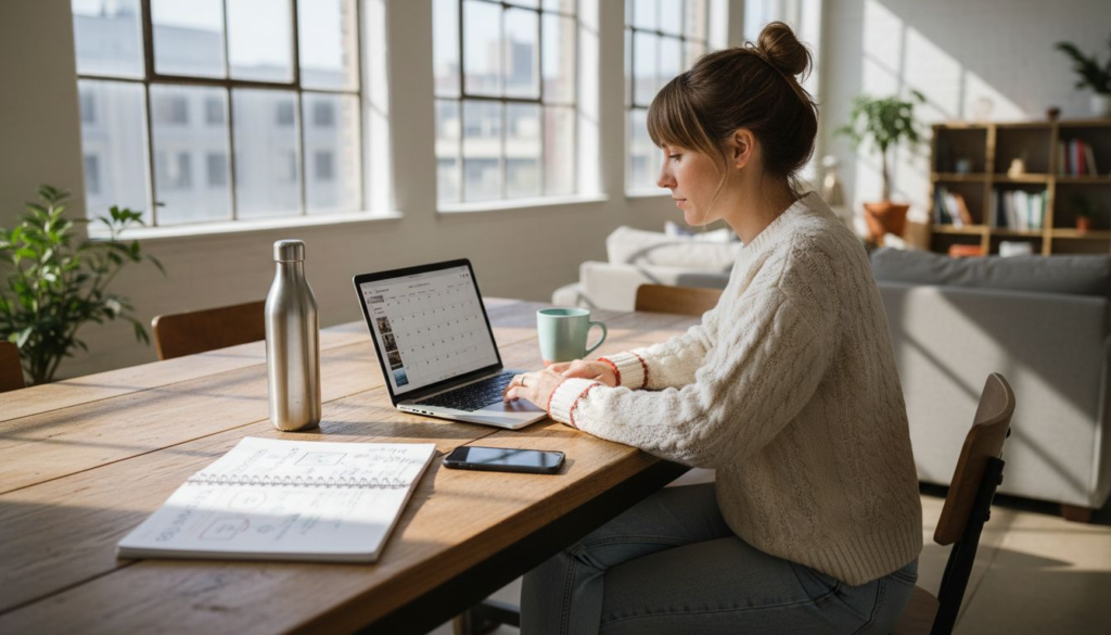 Woman managing ethical brand Instagram in home workspace