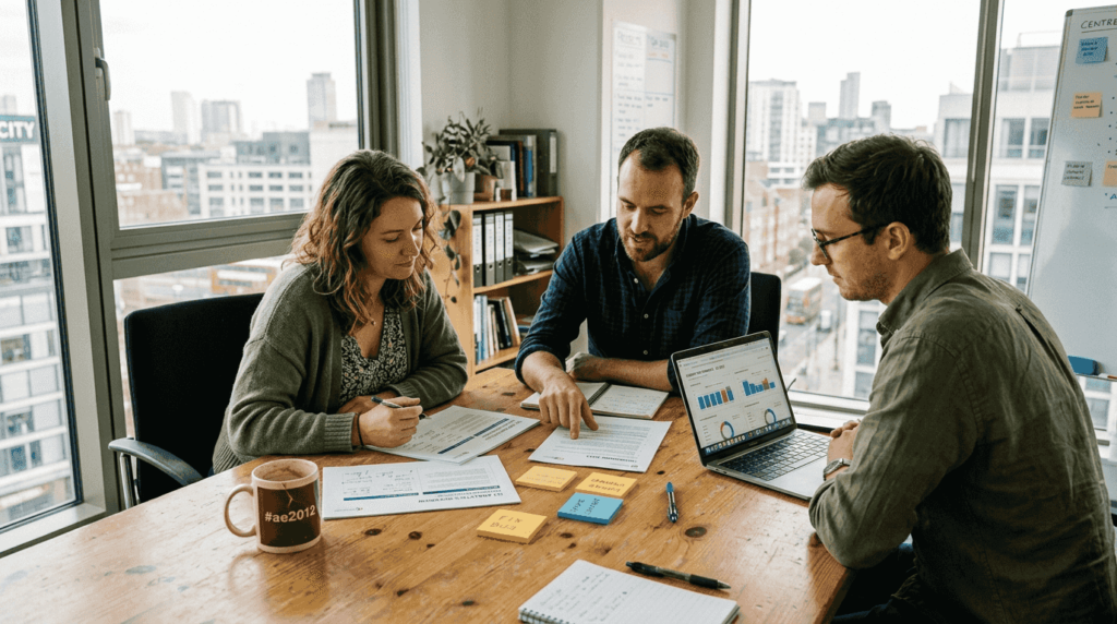 Team reviewing website reports in office