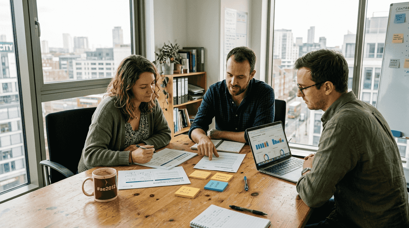 Team reviewing website reports in office