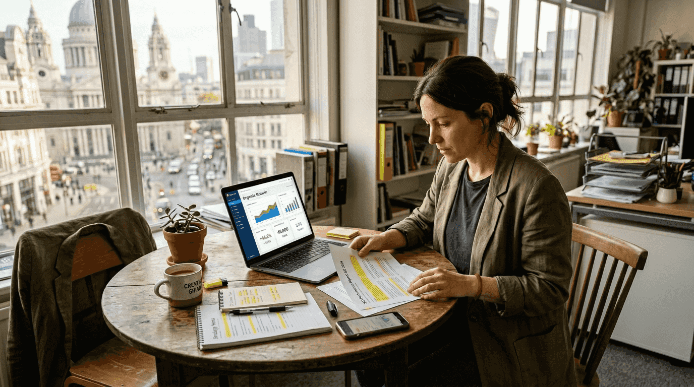 Business owner reviewing SEO strategy in office