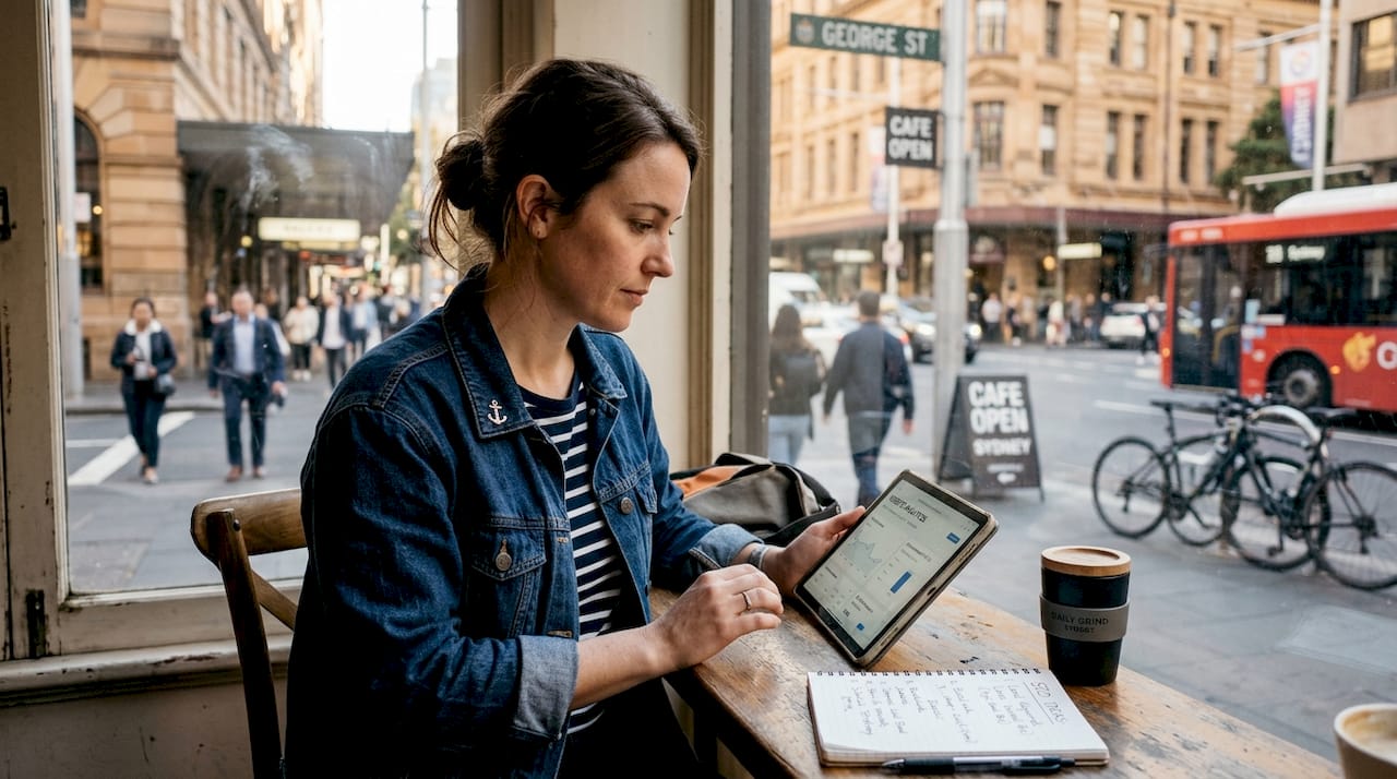 Business owner checks website analytics at cafe