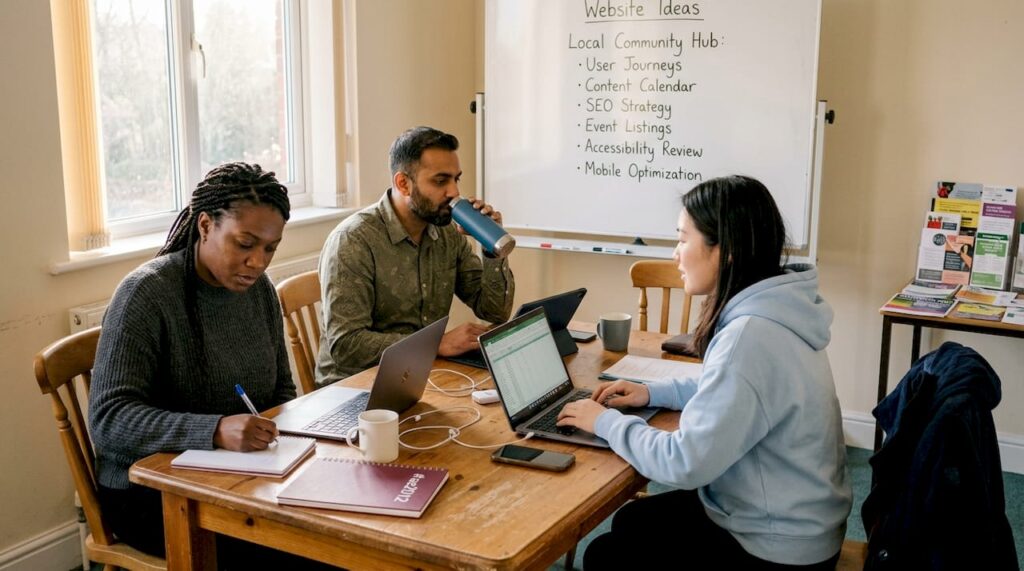 Community team plans website with laptops