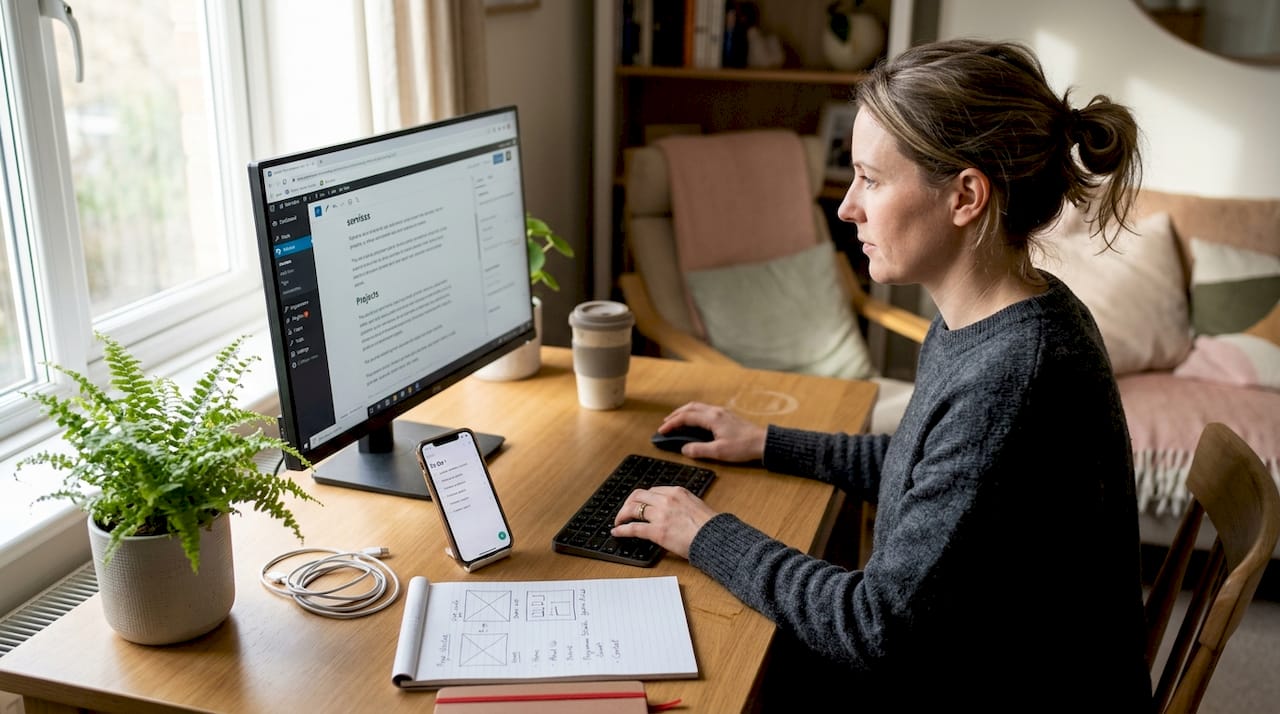 Designer updating website at bright home desk