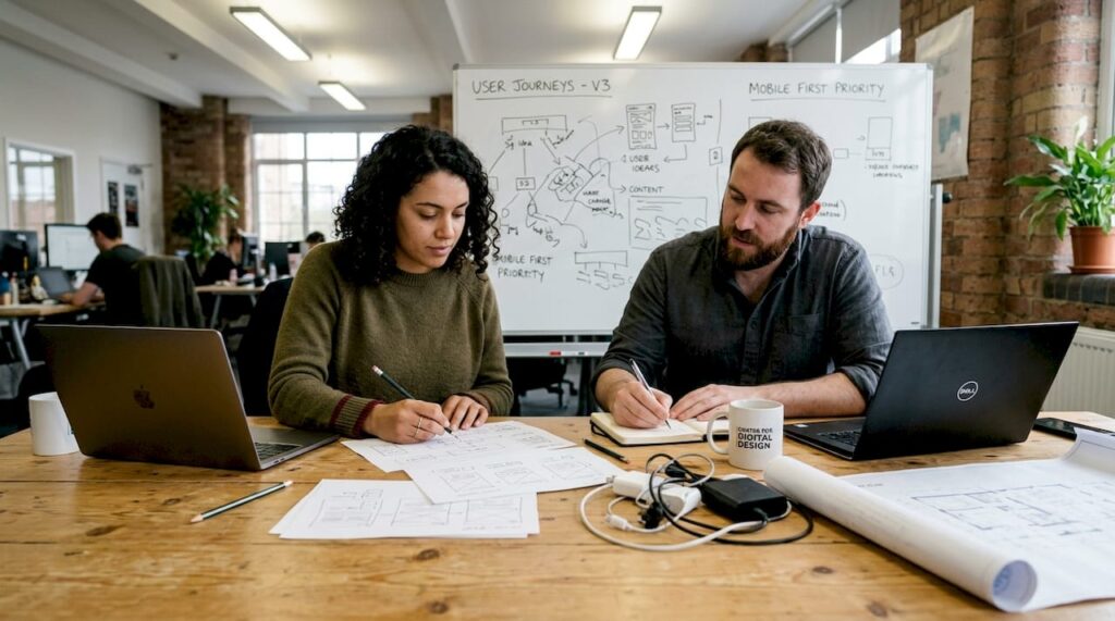 Designers collaborating at workspace with sketches