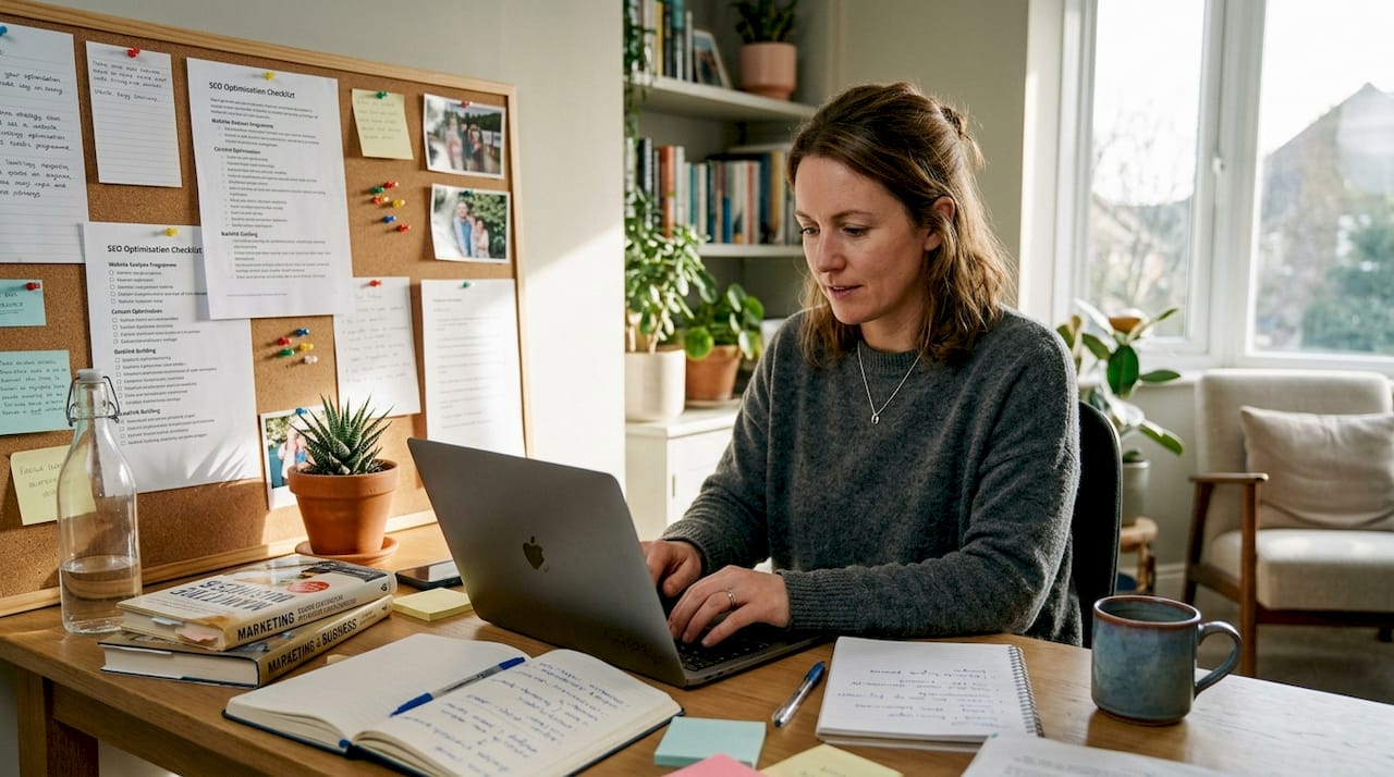 SEO expert working in sunlit home office