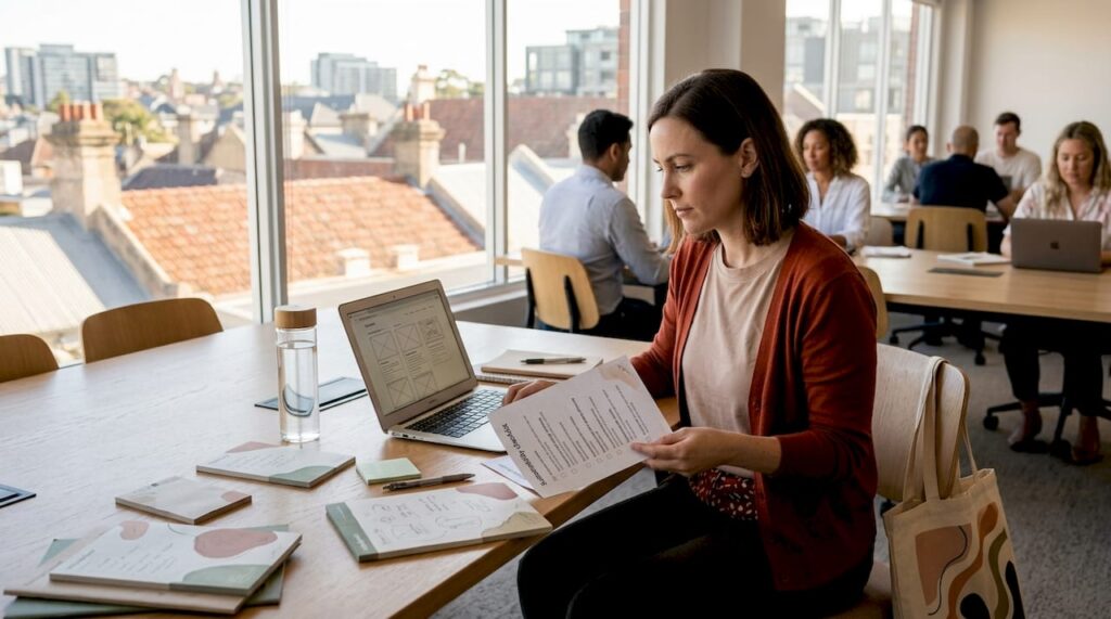 Web designer reviews wireframes for sustainability