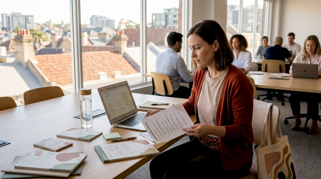 Web designer reviews wireframes for sustainability