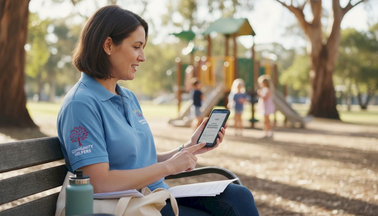 Community leader checks mobile website in park