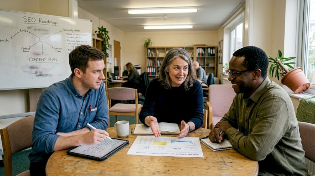 Nonprofit team planning SEO strategy together