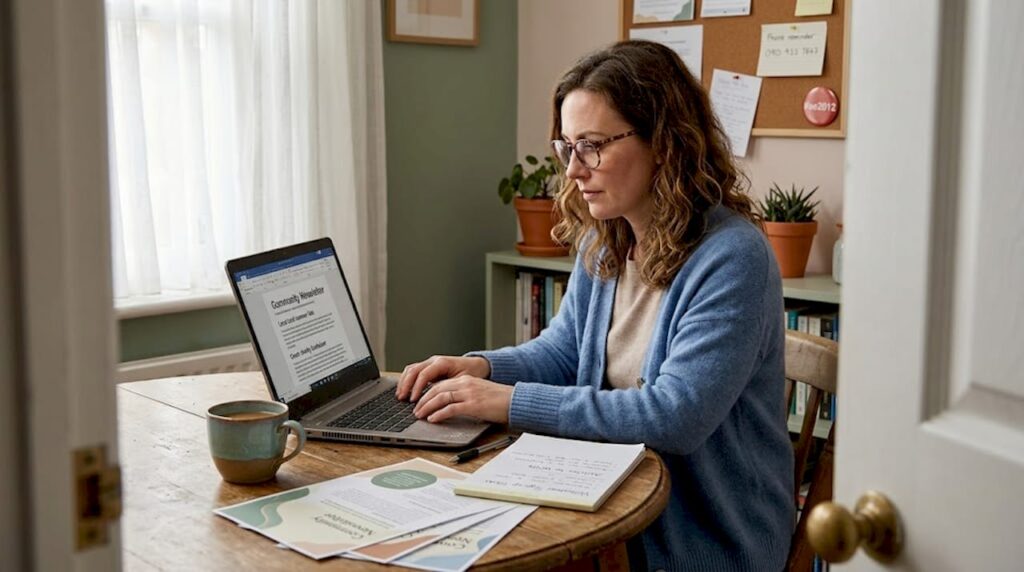 Community manager writing copy at home office