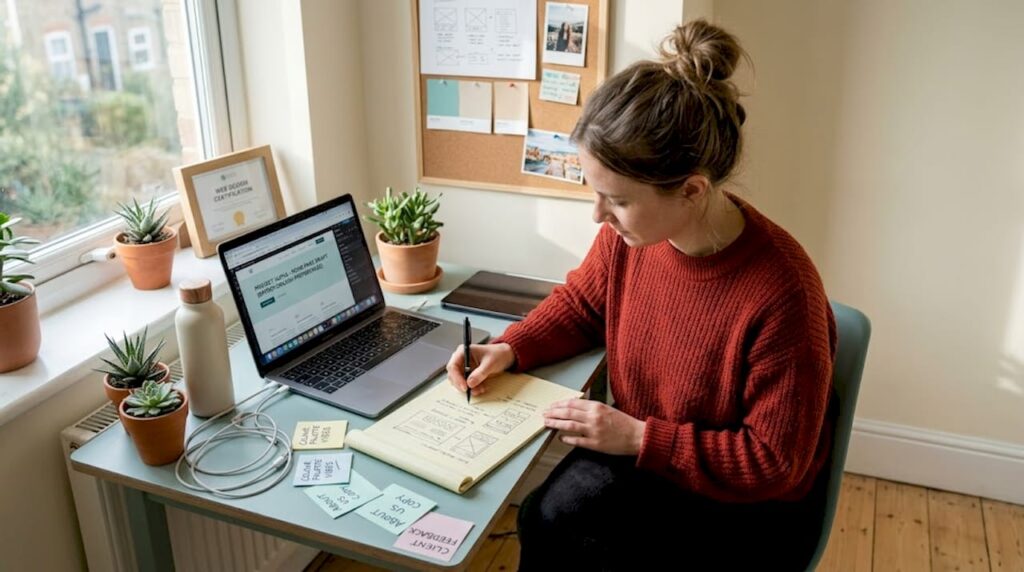 Web designer sketching site at home desk