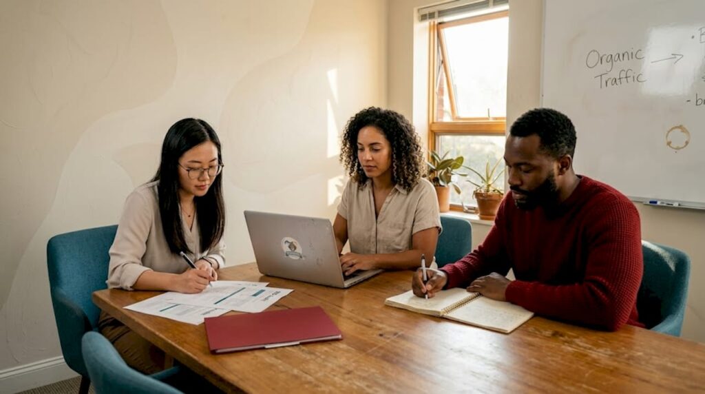 Team discussing SEO in nonprofit office