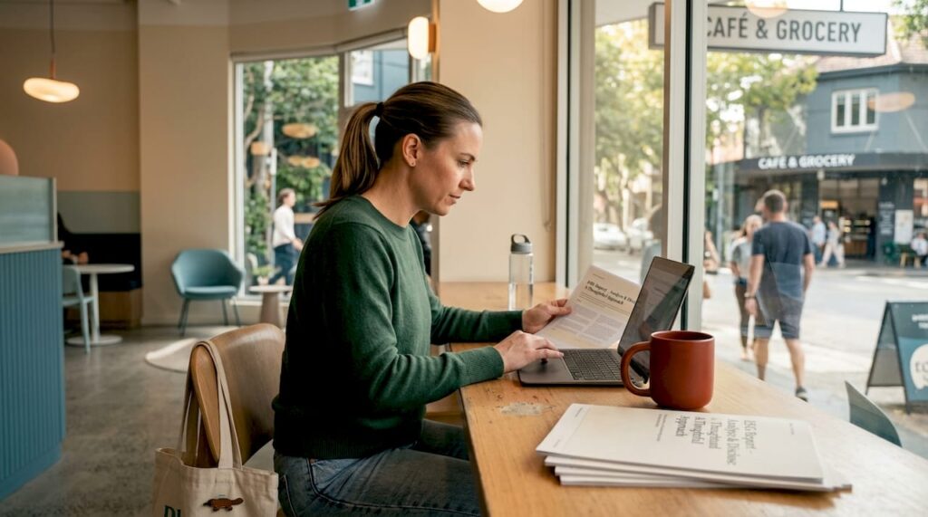 Woman working on green marketing in Sydney office
