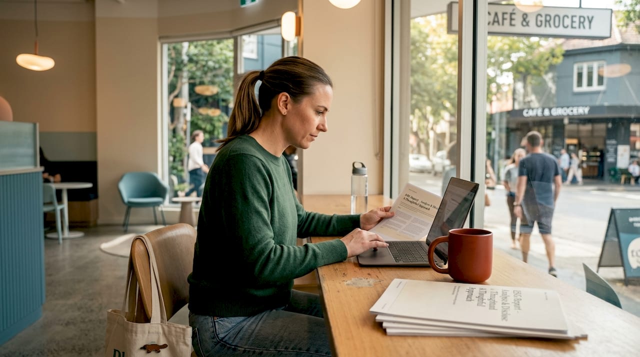 Woman working on green marketing in Sydney office