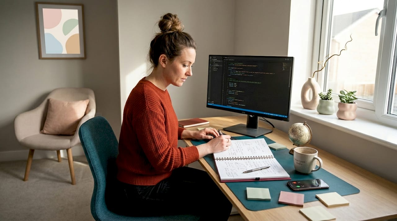 Web designer codes at corner desk