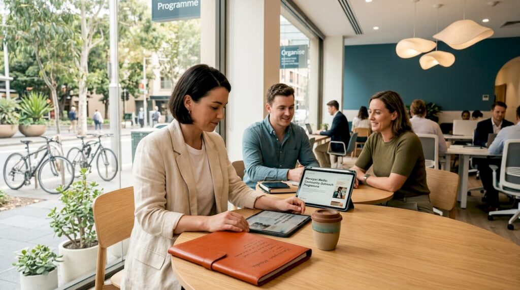 Team reviewing advertising mock-ups in Sydney workspace