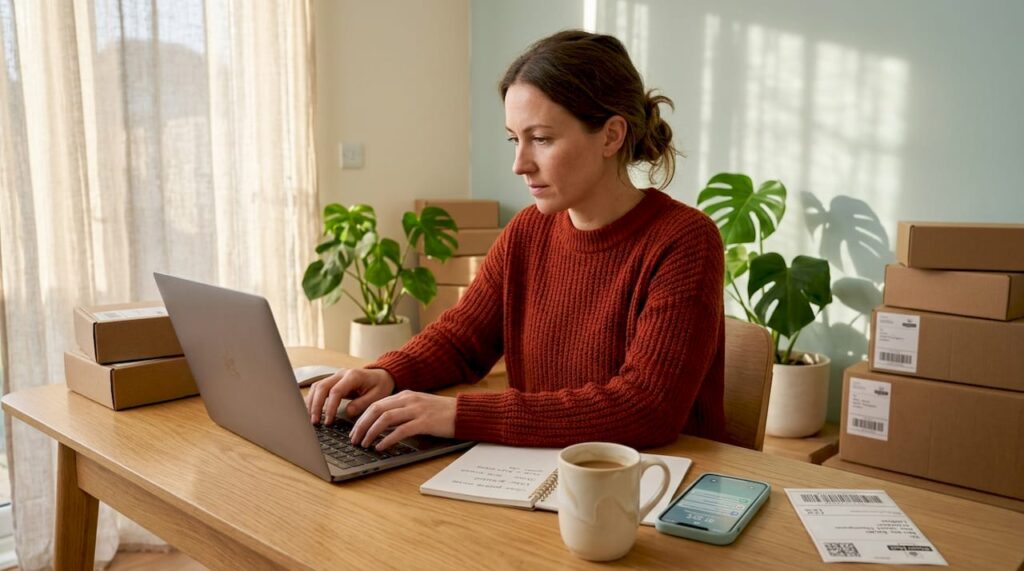 Small business owner using laptop at desk