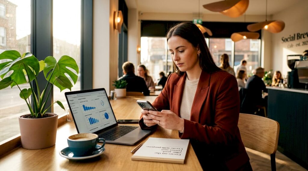 Woman reviewing Instagram analytics on phone