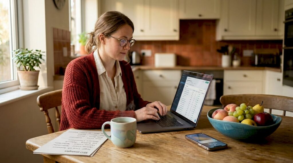 Small business owner working SEO on laptop