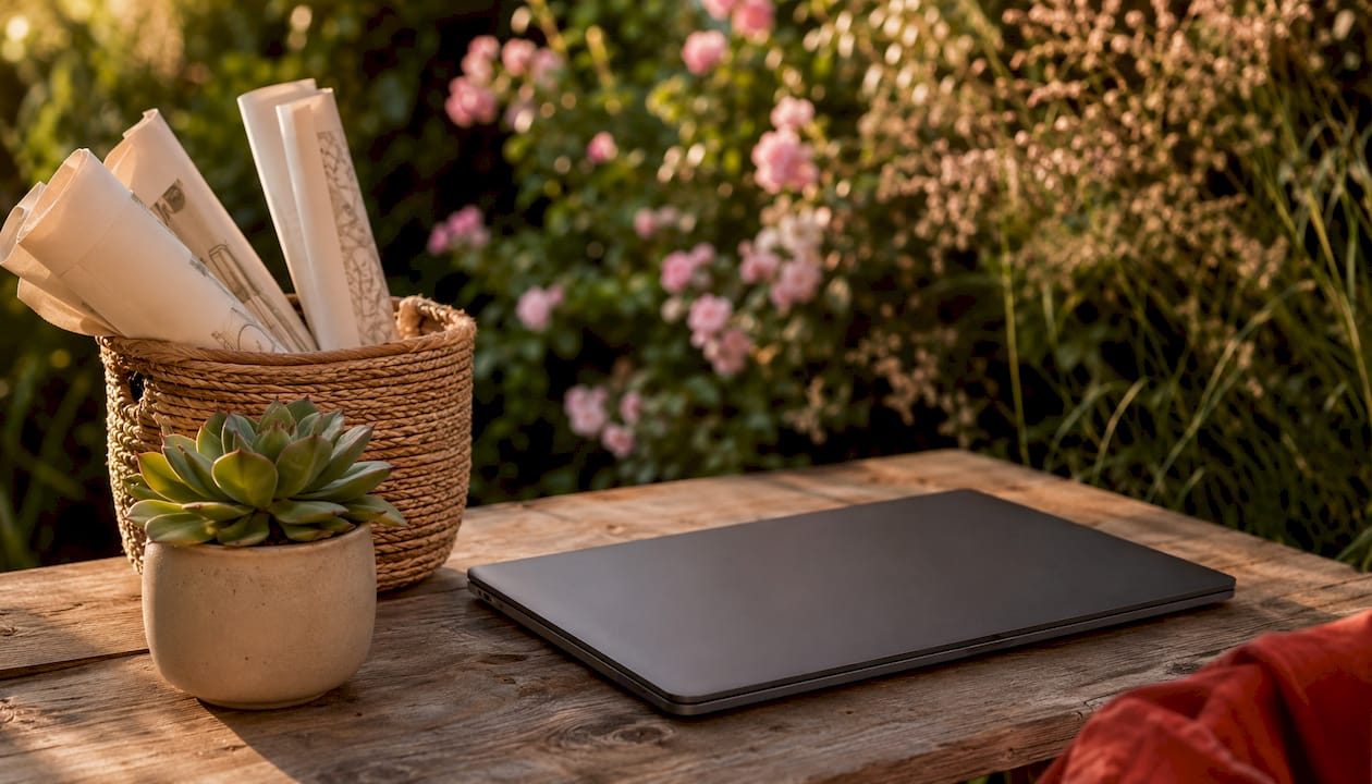 Close-up of laptop and design materials corner