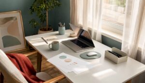 Home office desk with content marketing materials