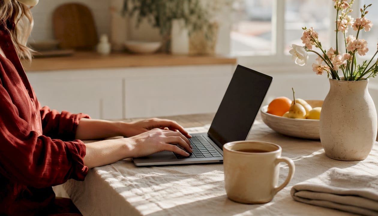 Hands typing on laptop with pastel-toned home office accessories