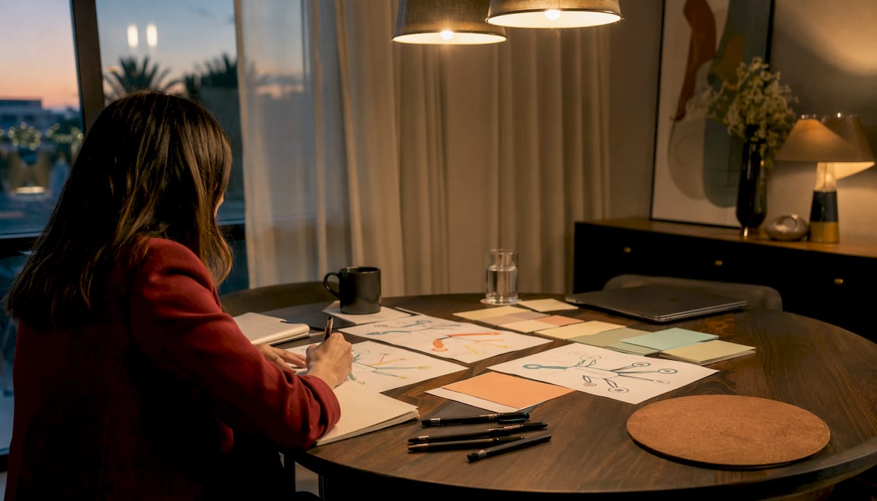 Overhead view of brand story strategy materials