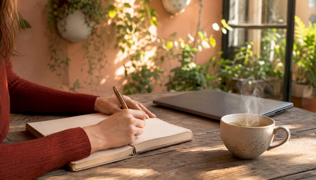 Hands typing on laptop in calm home office
