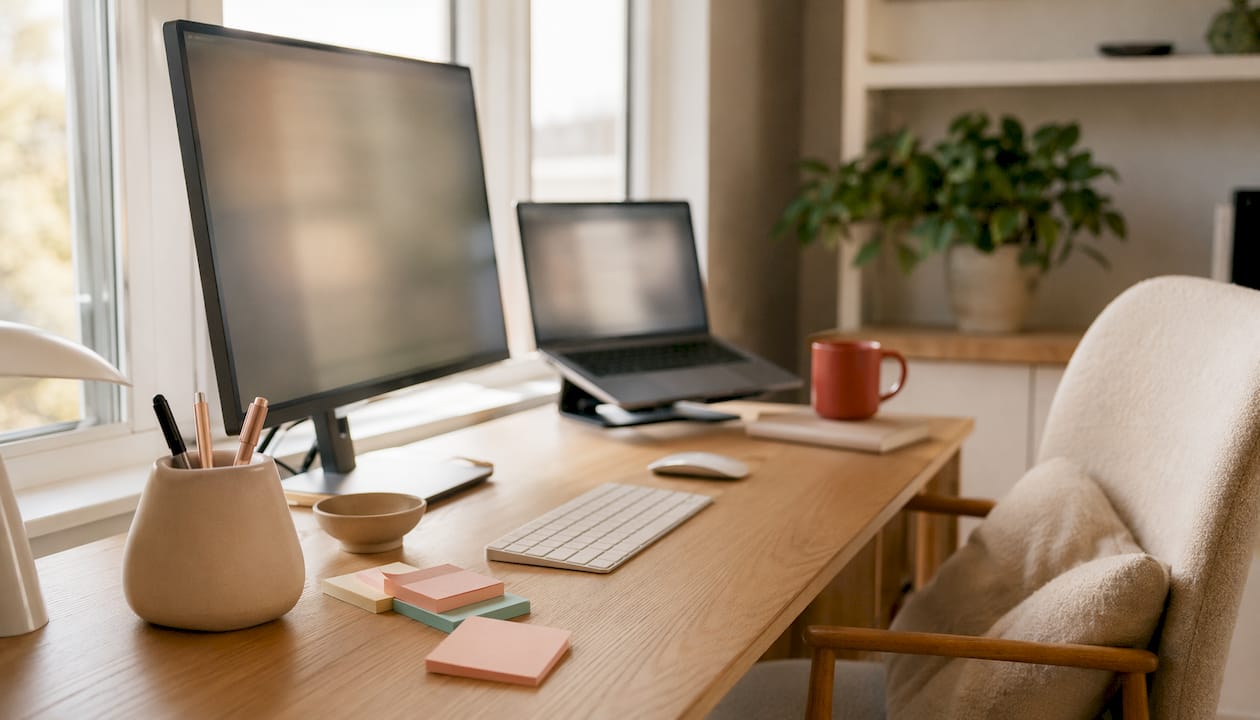 Office desk with multiple monitors and workspace props